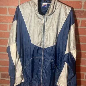 Blue and Gray Windbreaker with Color Blocking and Stand-Up Collar